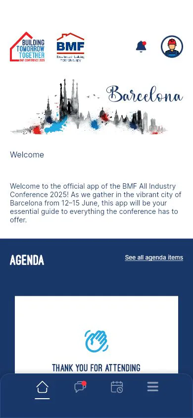 BMF Conference Barcelona app home screen.
