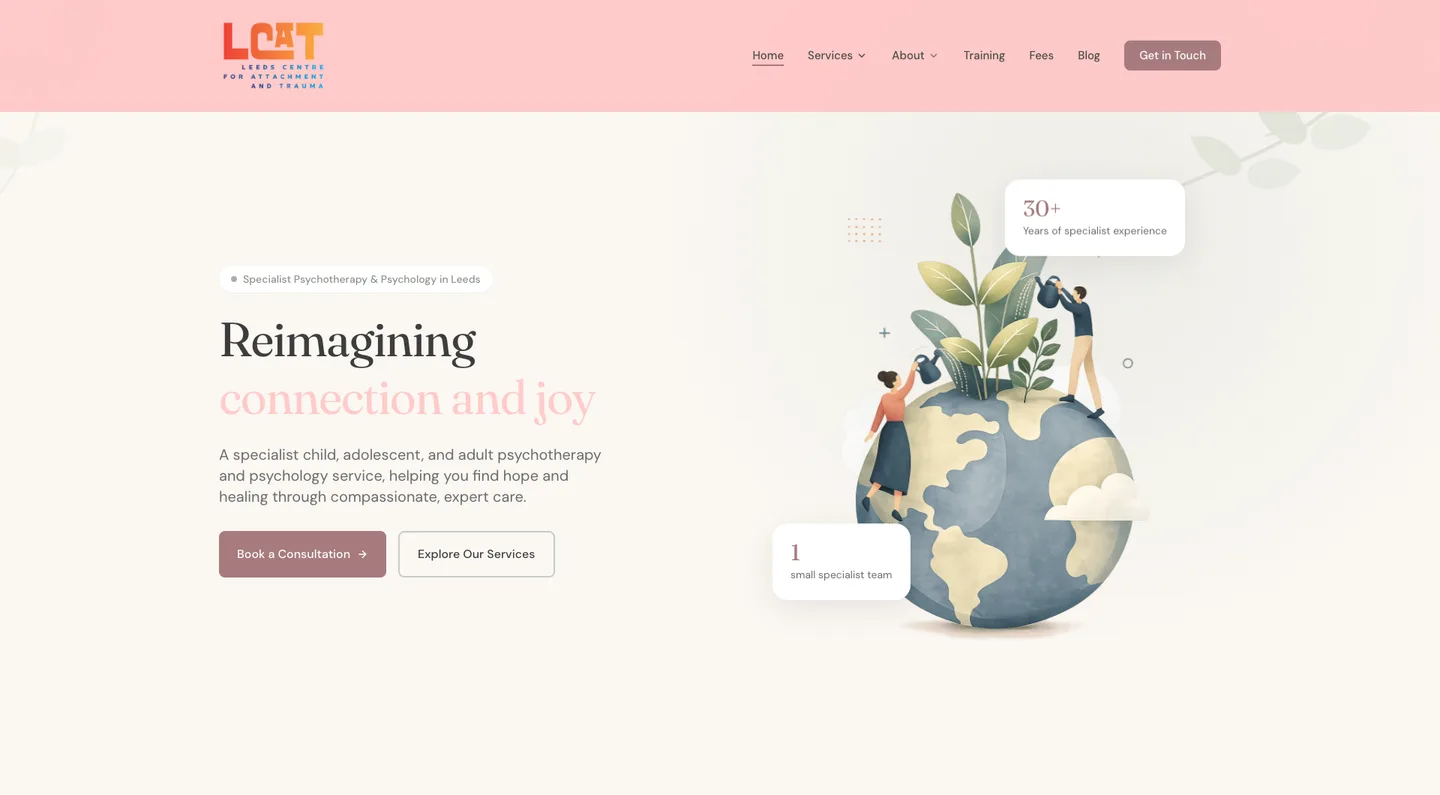 The LCAT homepage: the heading “Reimagining connection and joy” beside an illustration of two people watering a plant.