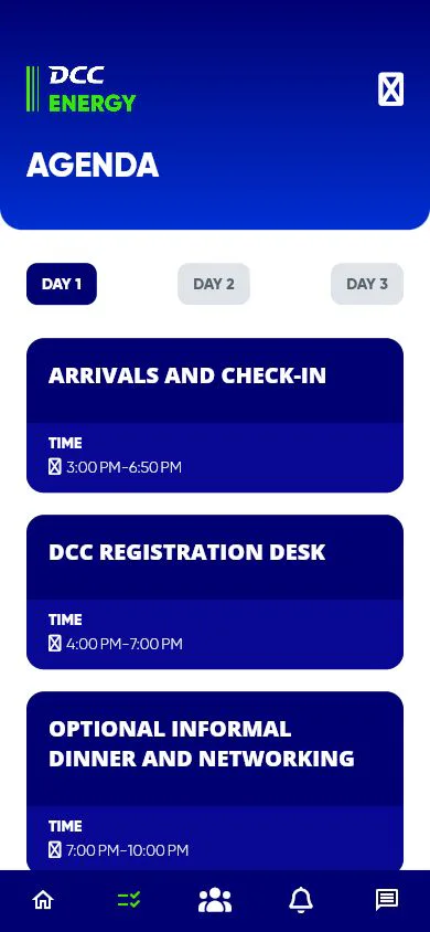 DCC Energy event app agenda screen.