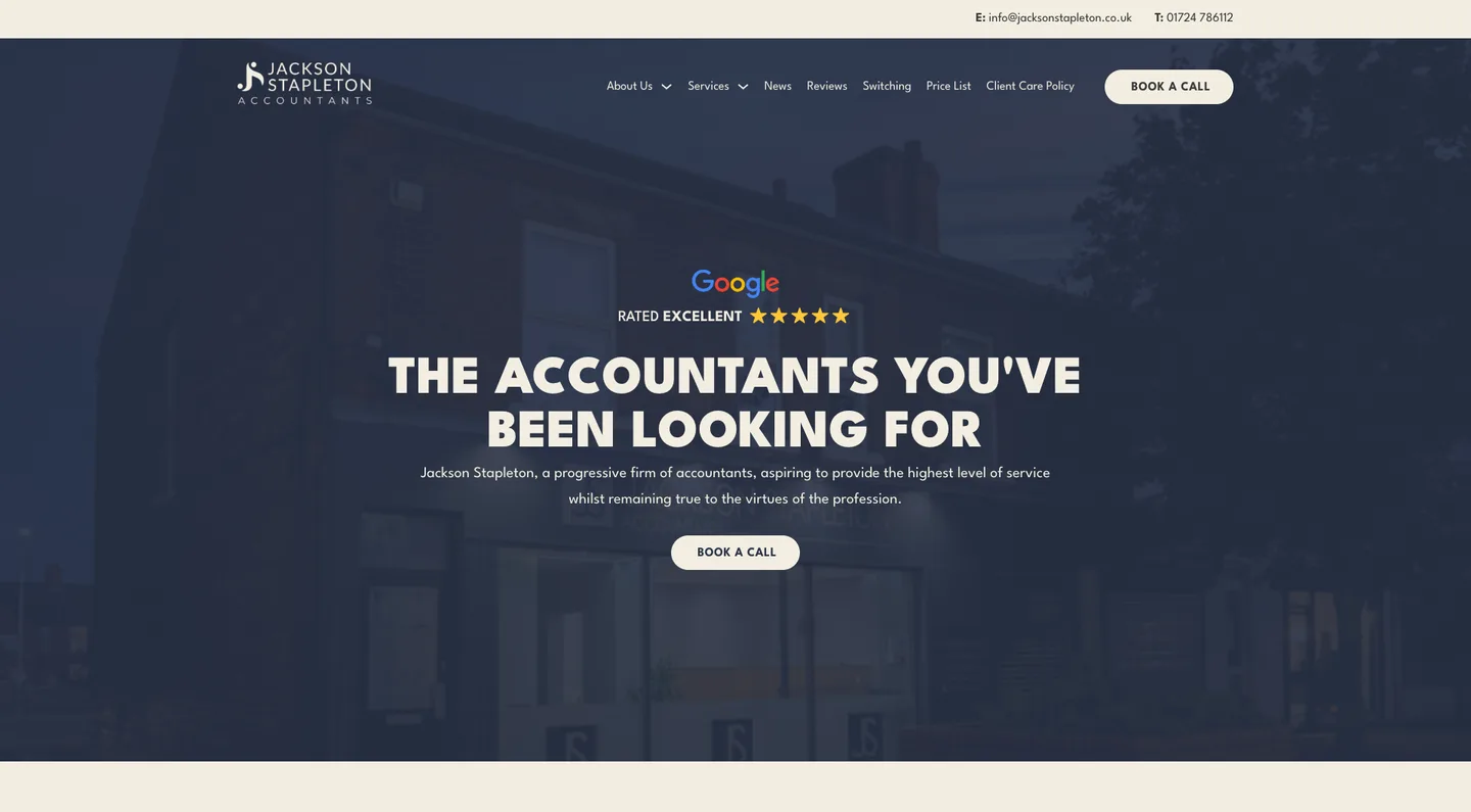 The Jackson Stapleton Accountants homepage: the heading “The accountants you’ve been looking for” over a photo of their office, with a Book a call button.