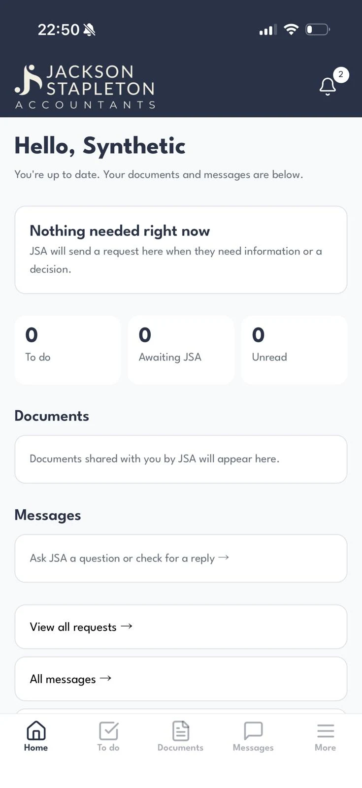 The Jackson Stapleton client portal's home screen: nothing needed right now, counts of tasks and unread messages, and links to documents and messages.