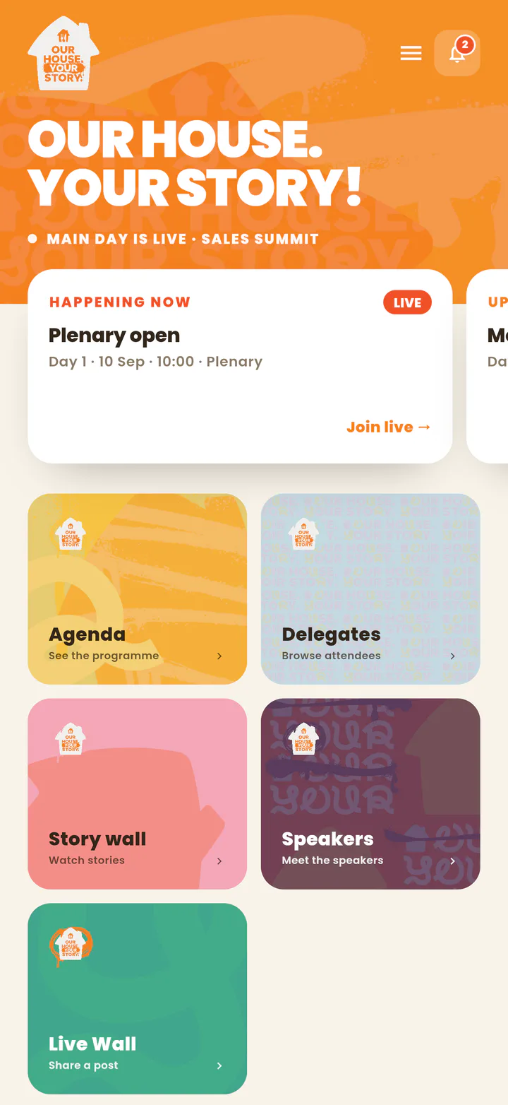 Just Eat Sales Summit app home screen with live event information and navigation tiles.
