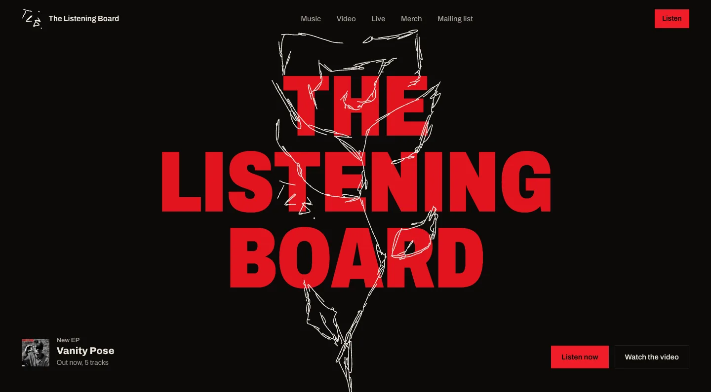 The Listening Board homepage: the band's name in large red letters over a hand-drawn rose, with the new EP, Vanity Pose.